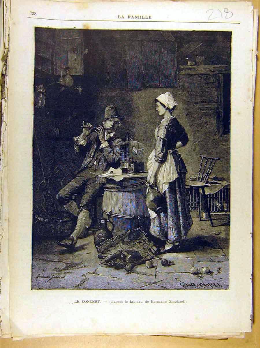 Original Old Antique Print Painting French 1886 Art Le Concert Ziebland 19th