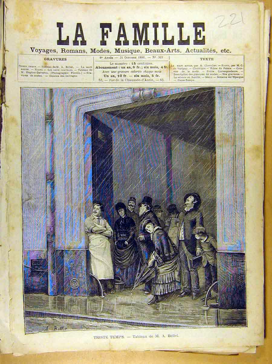 Original Old Antique Print Painting French 1886 Art Triste Temps Bellet 19th