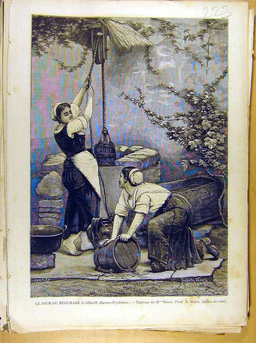 Original Old Antique Print Painting French 1886 Art Jour Recurage Gelos 19th