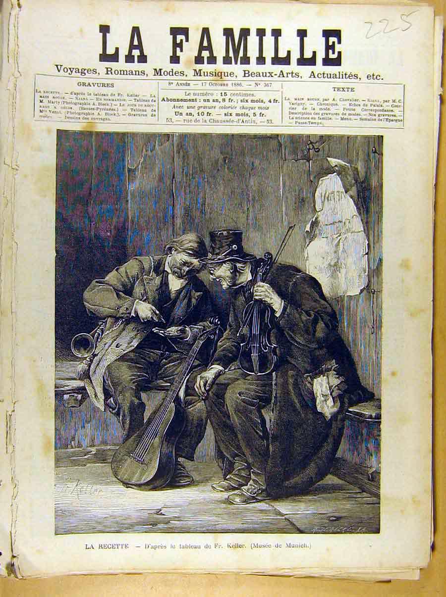 Original Old Antique Print Painting French 1886 Art La Recette Keller Music 19th