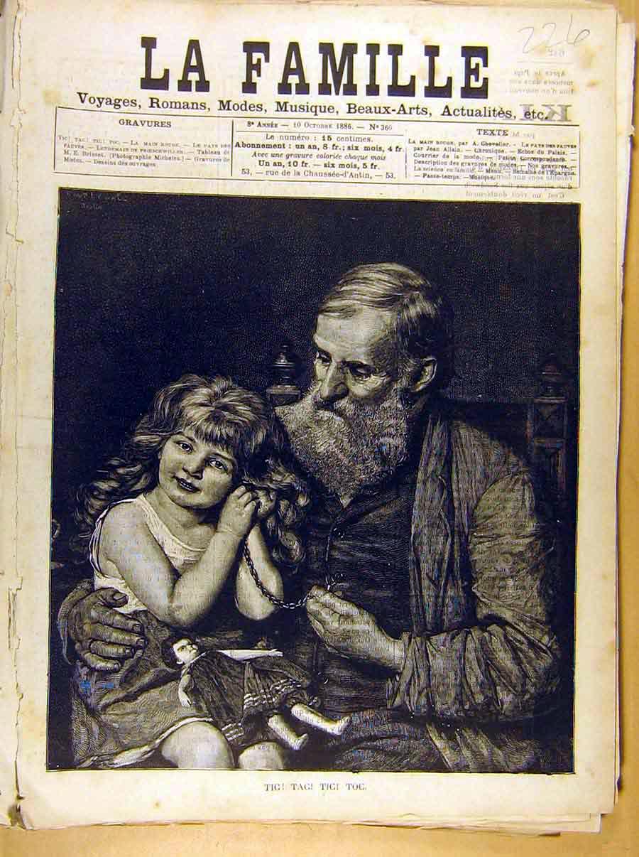 Original Old Antique Print Painting French 1886 Art Tic Toc Girl Watch Pape 19th