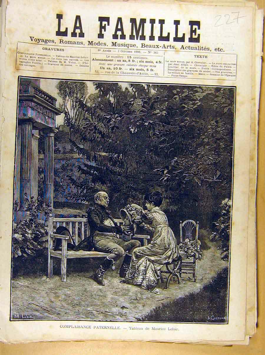 Original Old Antique Print Painting French 1886 Art Complaisance Paternelle 19th