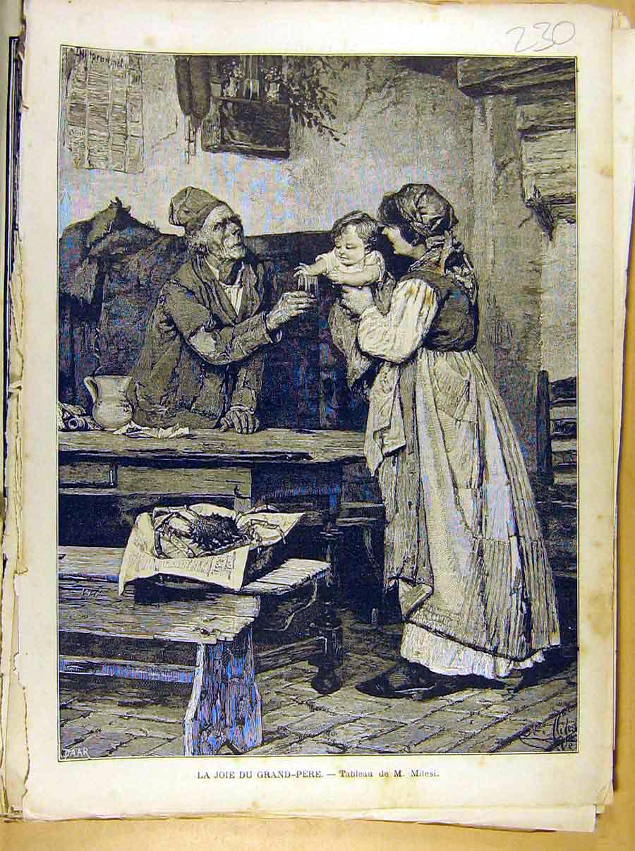 Original Old Antique Print Painting French 1886 Art Joie Grand Pere Milesi 19th