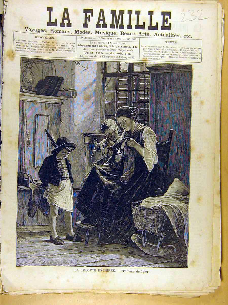 Original Old Antique Print Painting French 1886 Art Culotte Dechiree Igler 19th