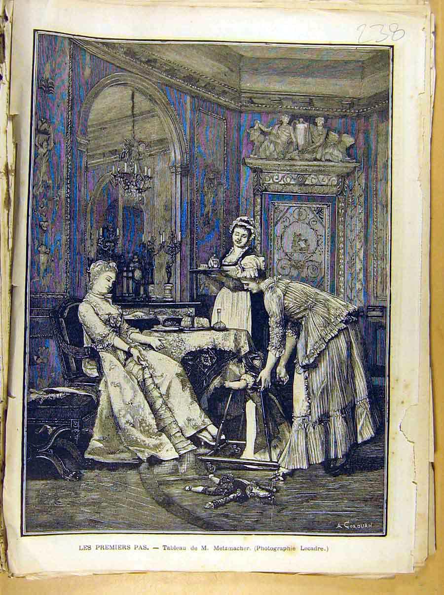 Original Old Antique Print Painting French Les Premiers Pas Metzmacher Art