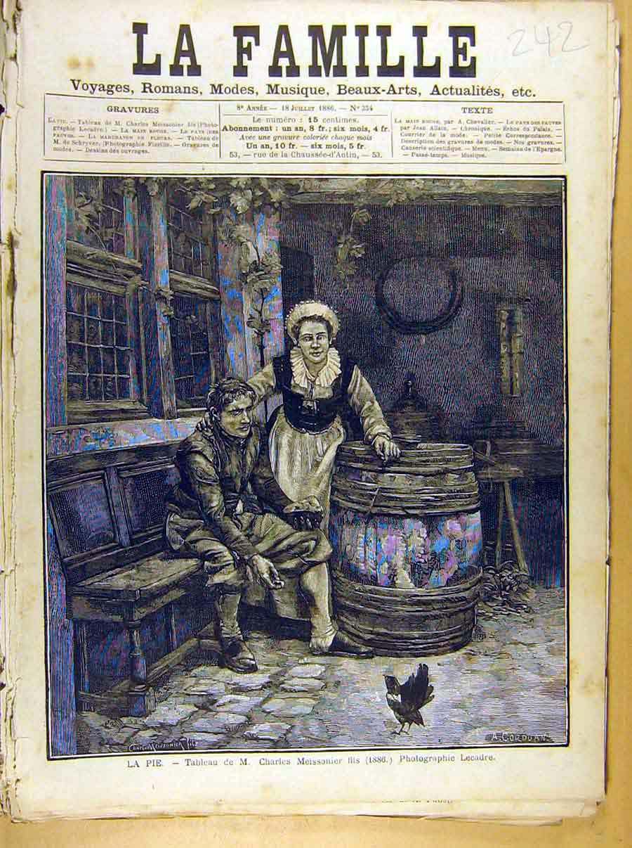 Original Old Antique Print Painting French Fine Art La Pie 1886 Fils Tavern 19th