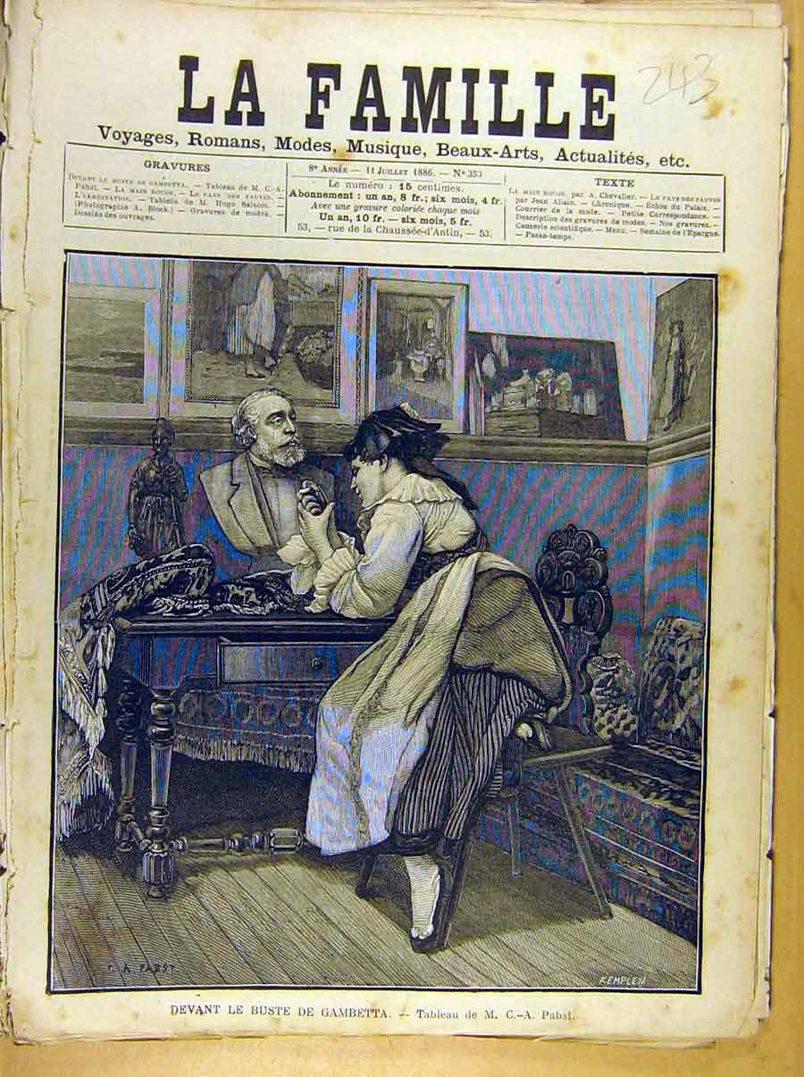 Original Old Antique Print Painting French Fine Art Devant Buste Gambetta