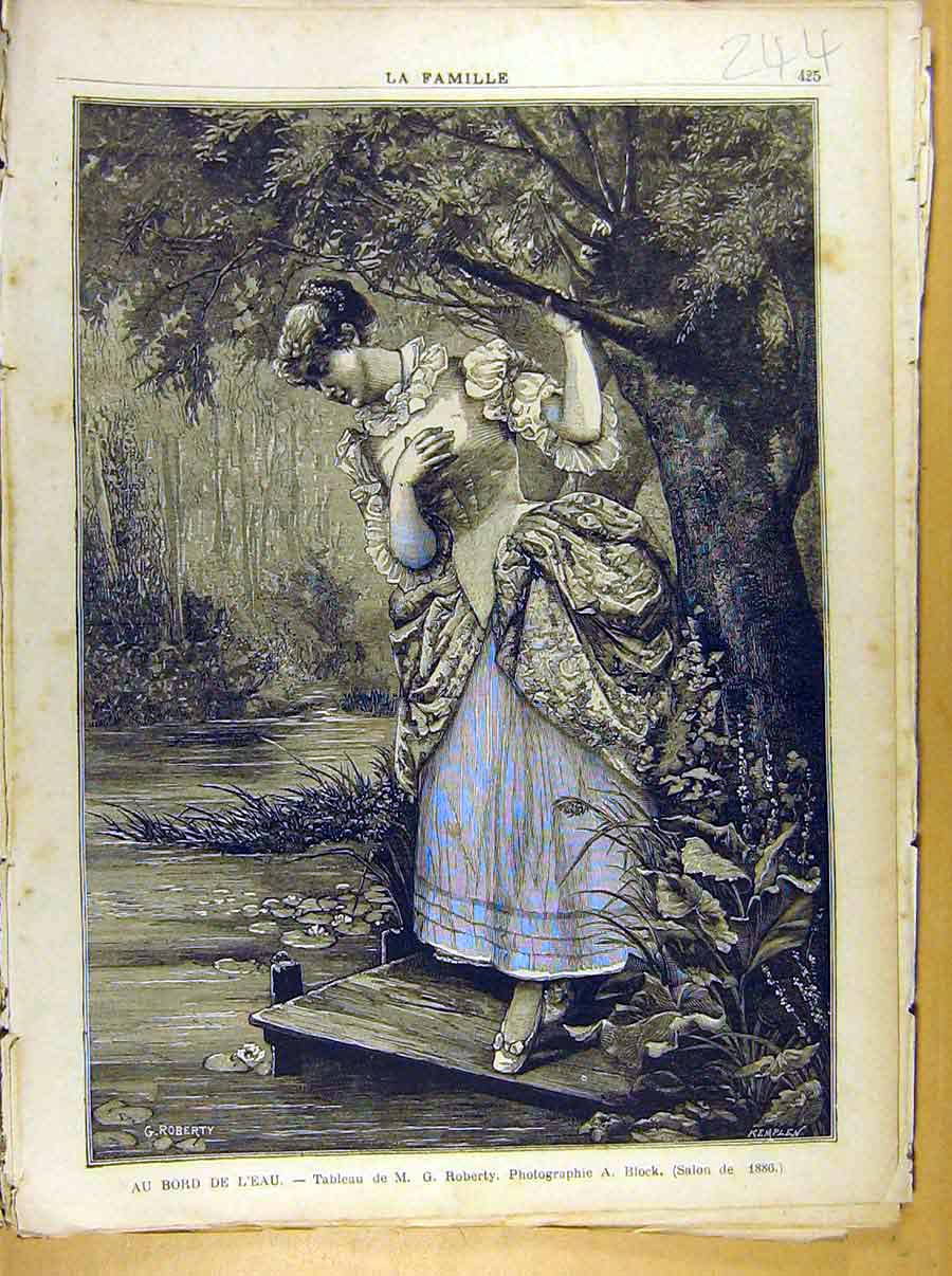 Original Old Antique Print Painting French Fine Art Bord De L'Eau Roberty