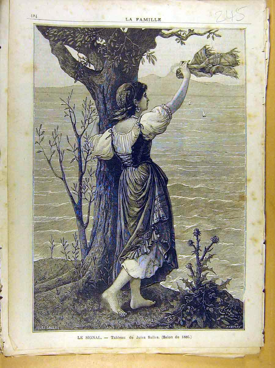 Original Old Antique Print Painting French Fine Art Le Signal Salles 1886 19th