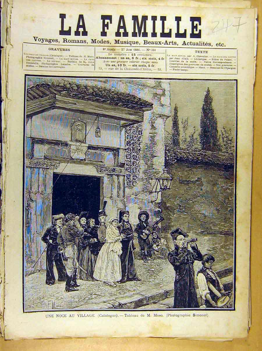 Original Old Antique Print Painting French Fine Art Noce Village Maso Churc