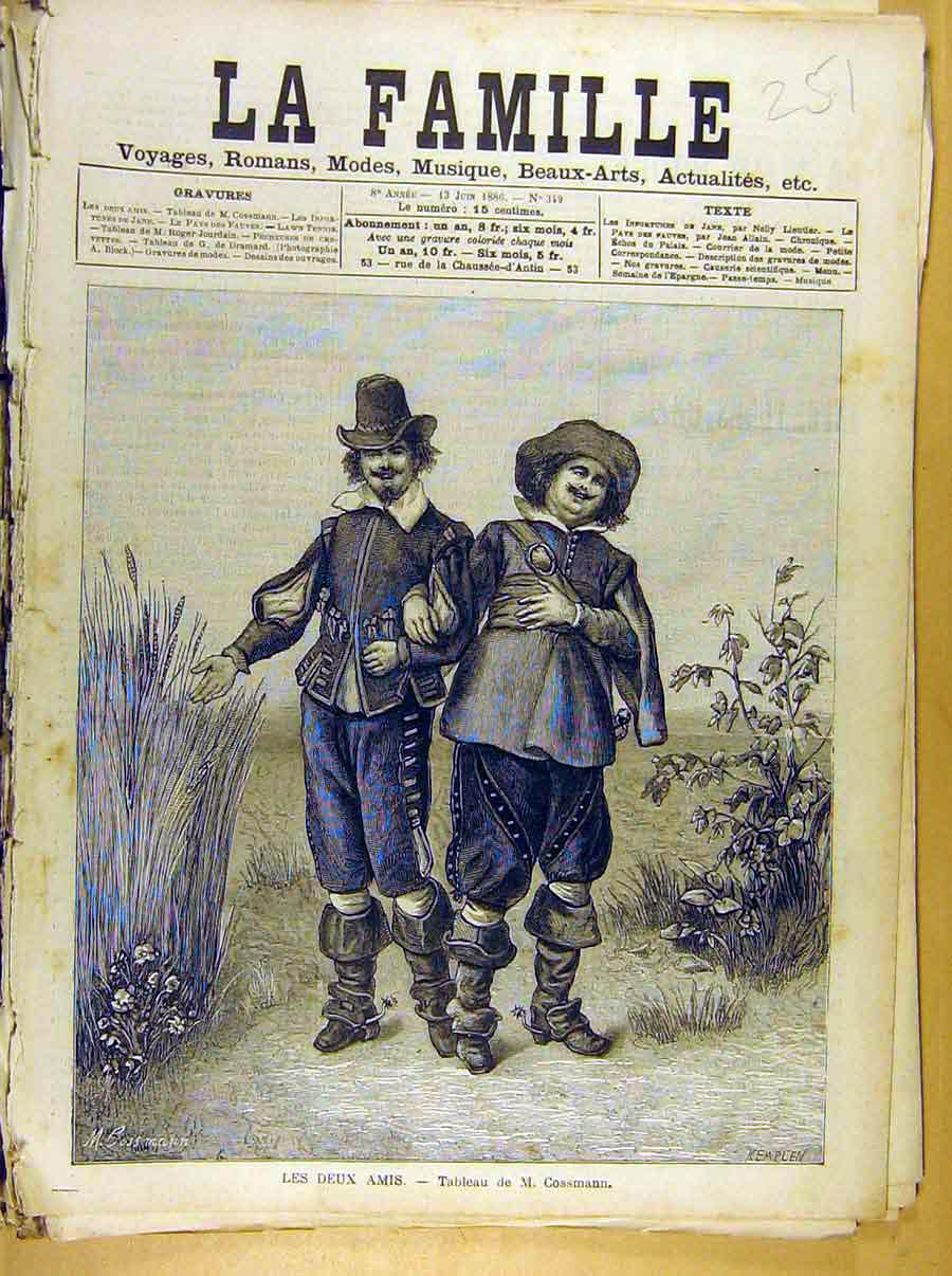 Original Old Antique Print Painting French Fine Art Les Deux Amis Cossman