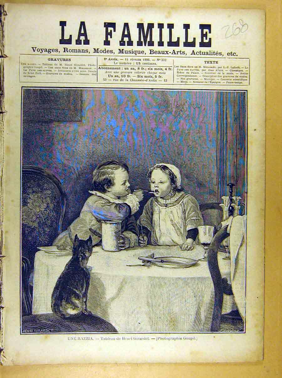 Old Antique Print Painting Une Razzia Girardet Children Table Cat French