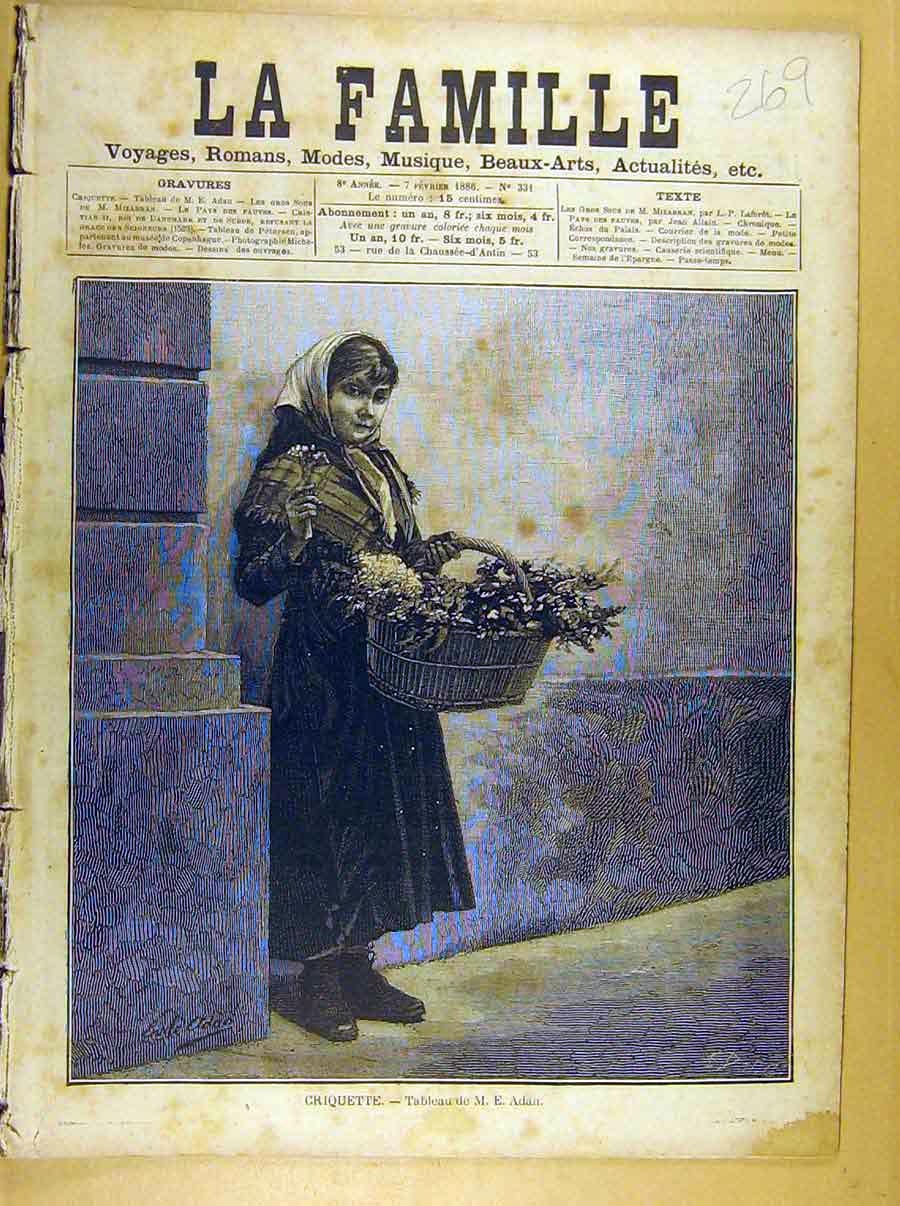 Original Old Antique Print Painting Criquette Adan Girl Flower Seller Fine Art