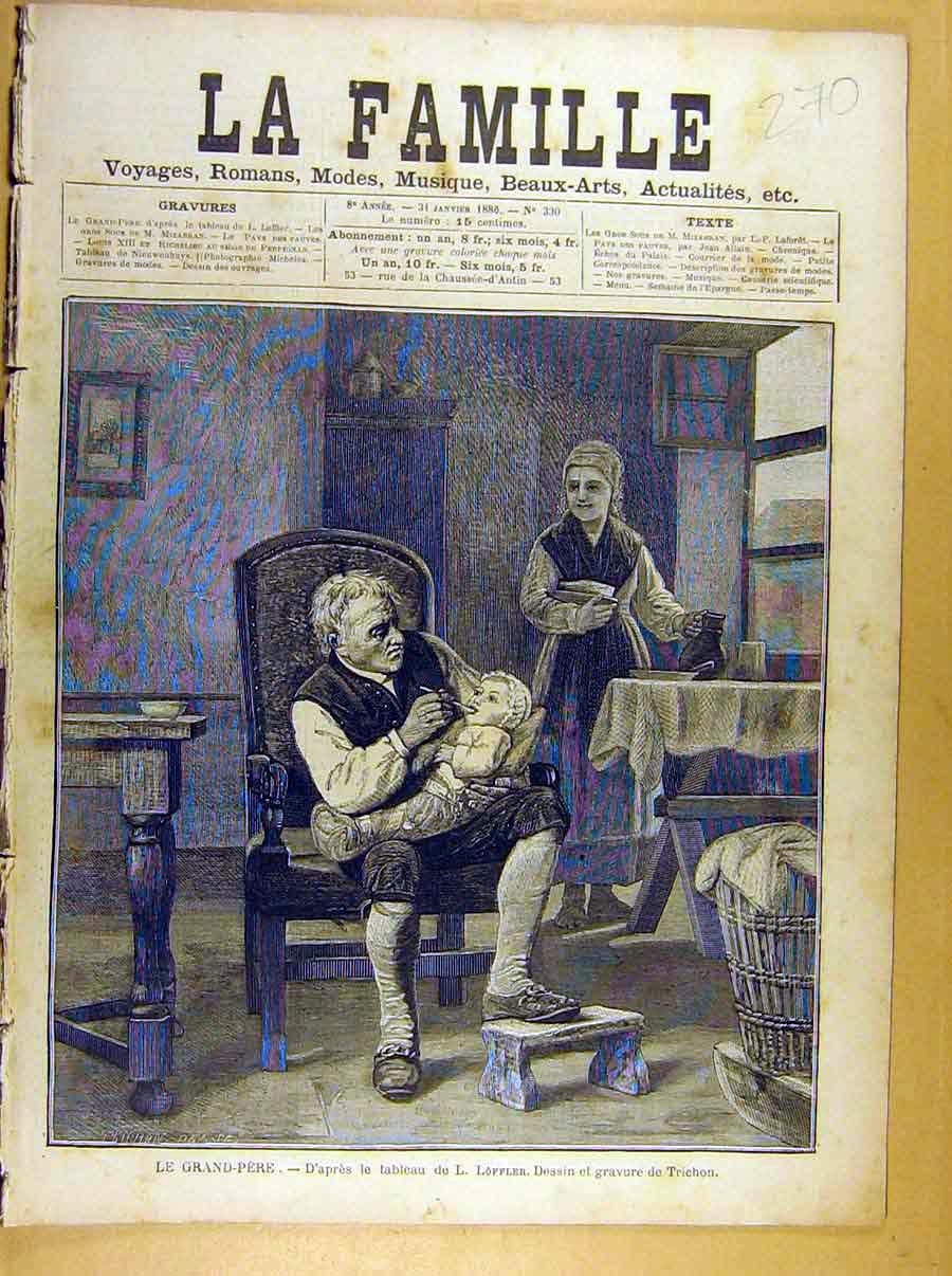 Original Old Antique Print Le Grand Pere Painting L'Offler Trichon French