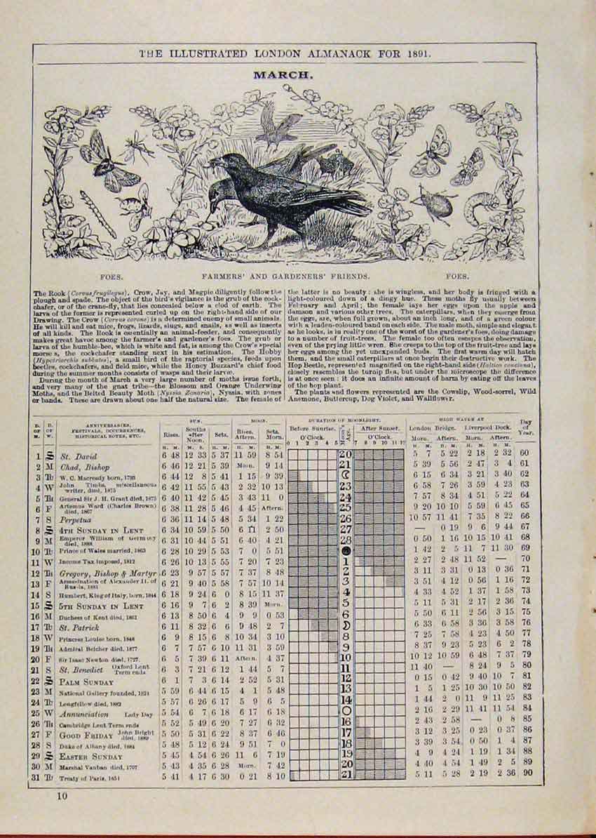 Original Old Antique Print London Almanack March 1891 Farmers Gardeners Friends