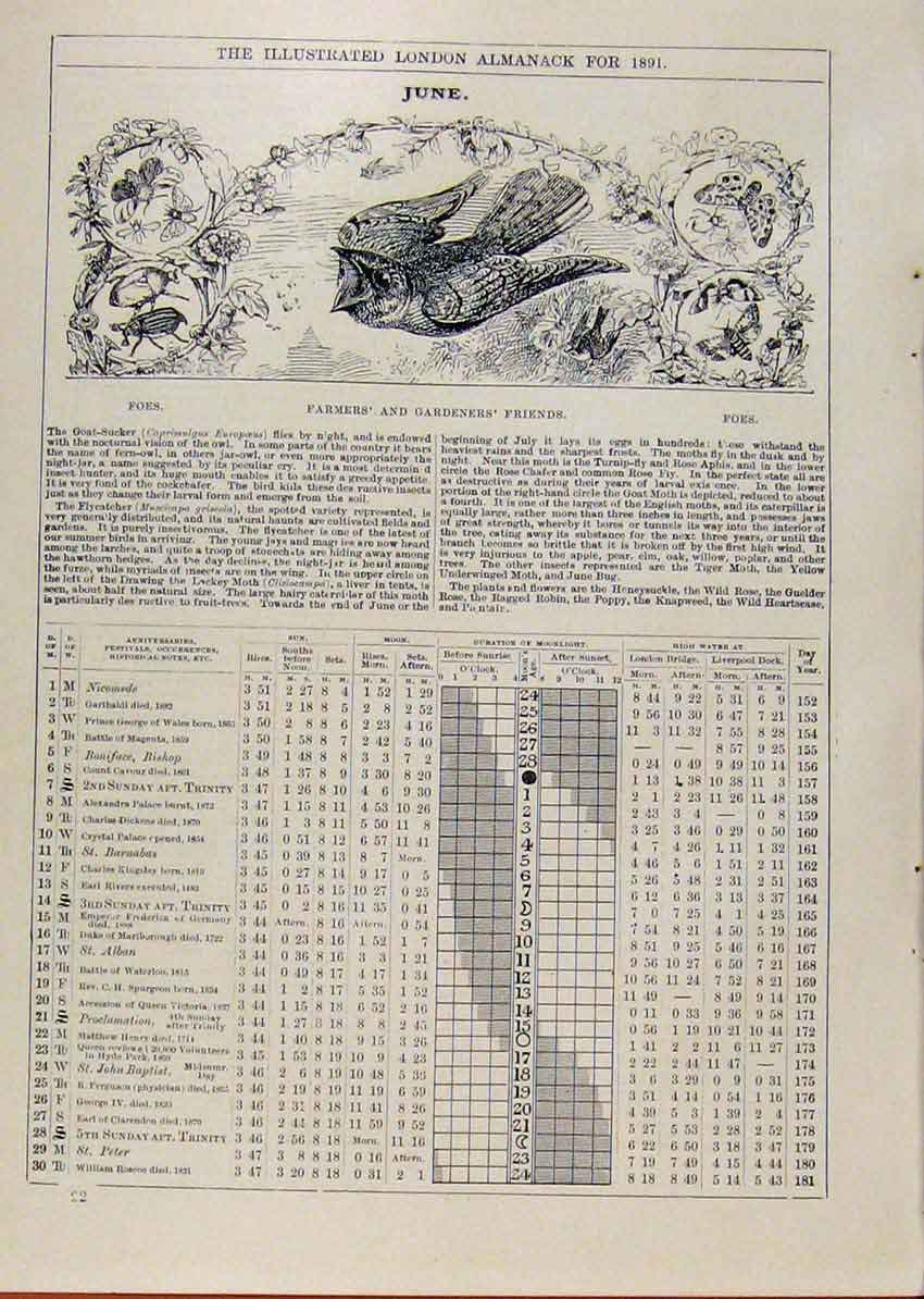 Original Old Antique Print London Almanack June 1891 Farmers Gardeners Friends