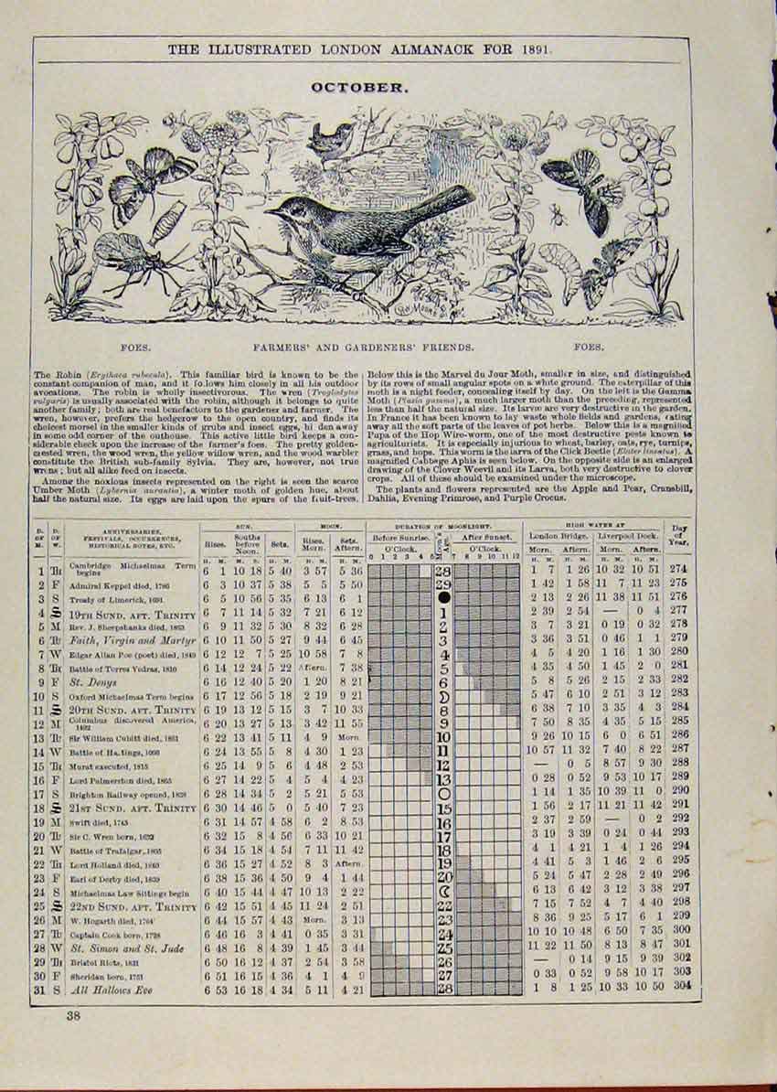 Old Antique Print London Almanack October 1891 Farmers Gardeners Friends 19th