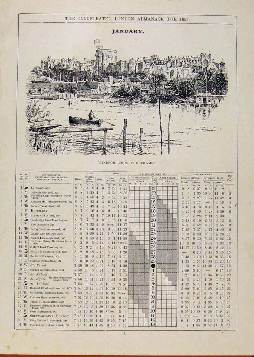 Original Old Antique Print London Almanack Windsor From The Thames 1893 January