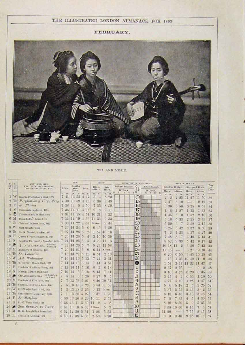 Original Old Antique Print London Almanack February 1893 Tea And Music Eastern