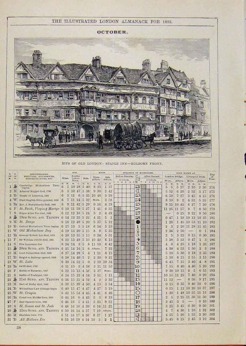 Original Old Antique Print London Almanack October 1893 Bits London Staple 19th