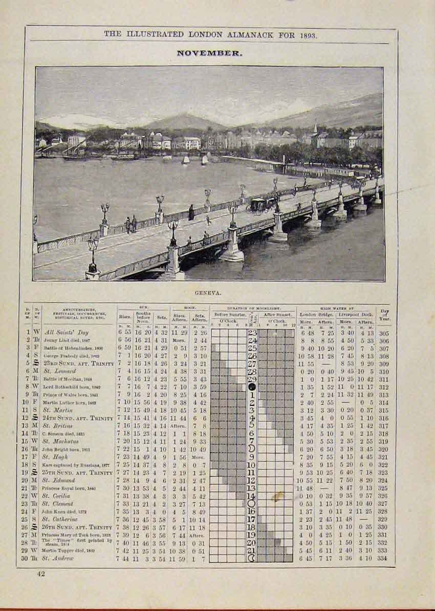 Original Old Antique Print Geneva Bridge Scene1893 November Events Diary 19th