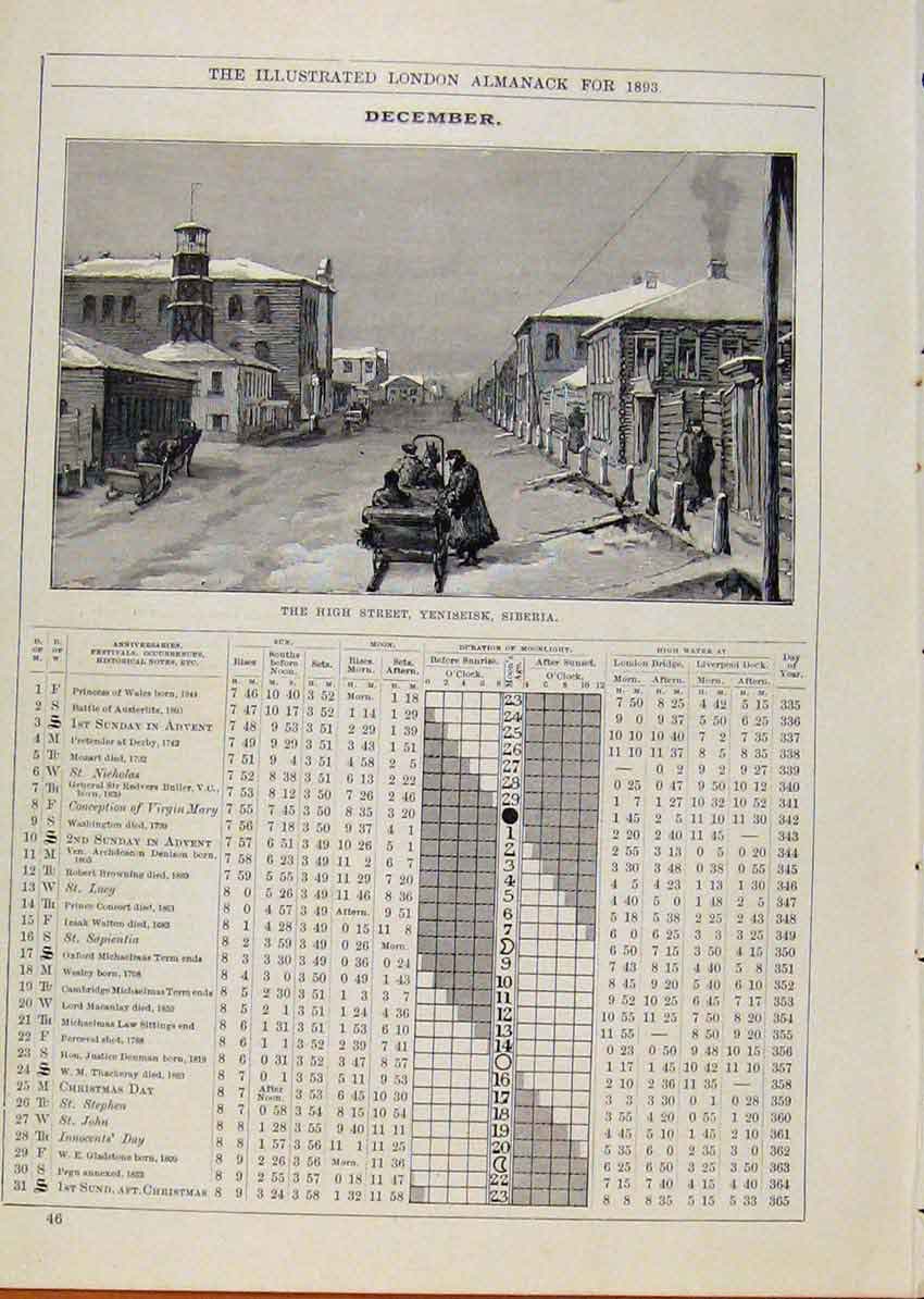 Old Antique Print High Street Yeniseisk Siberia 1893 December Event Diary 19th