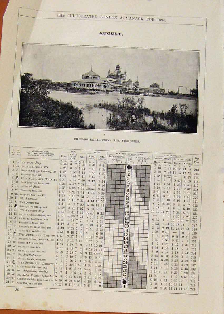 Original Old Antique Print London Almanack August 1894 Chicago Exhibition Fisher
