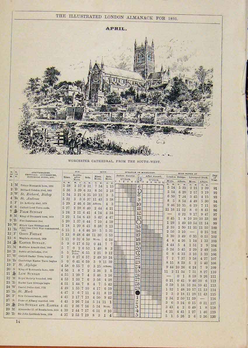 Original Old Antique Print London Almanack 1895 April Worcester Cathedral 19th