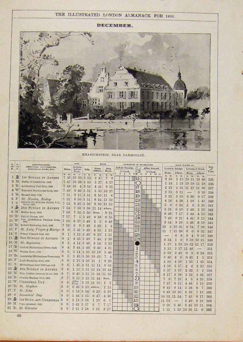 Original Old Antique Print London Almanack December 1895 Kranichstein Darmstadt