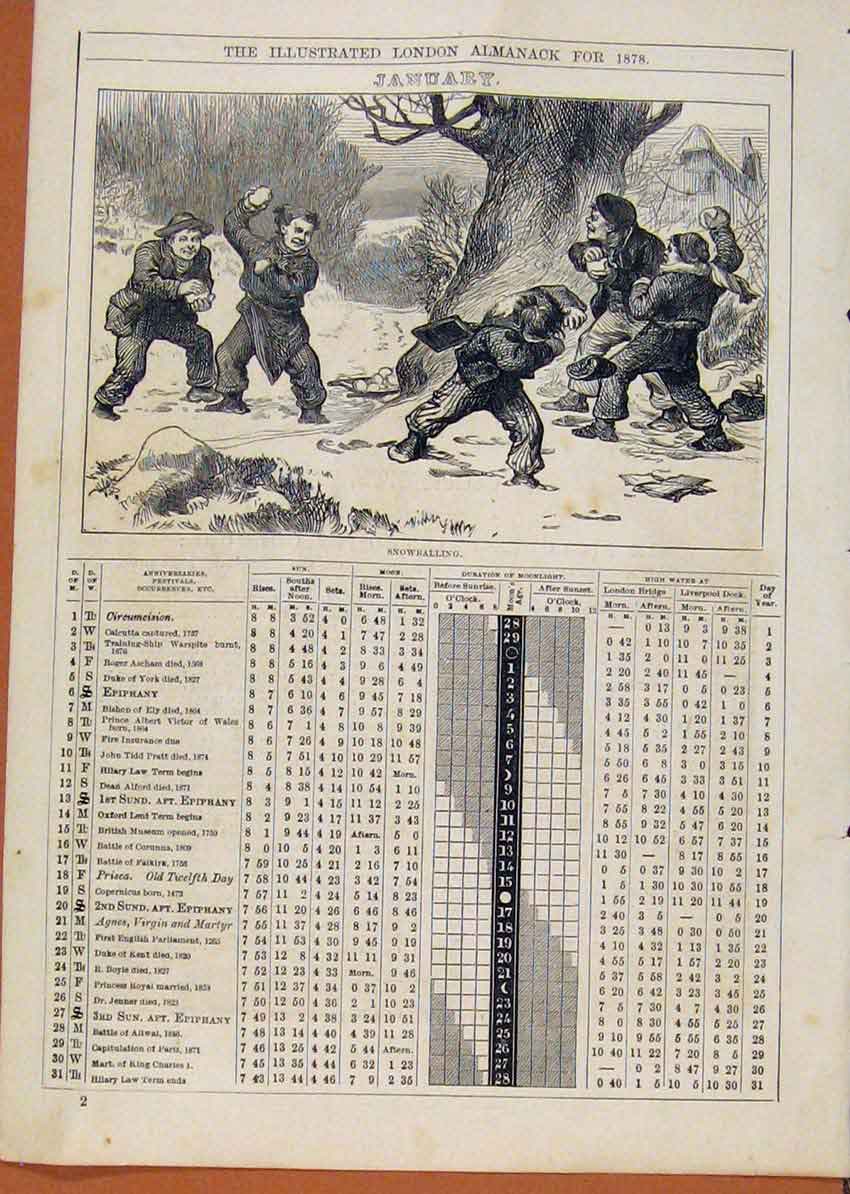 Original Old Antique Print London Almanack Snowballing January 1878 Victorian