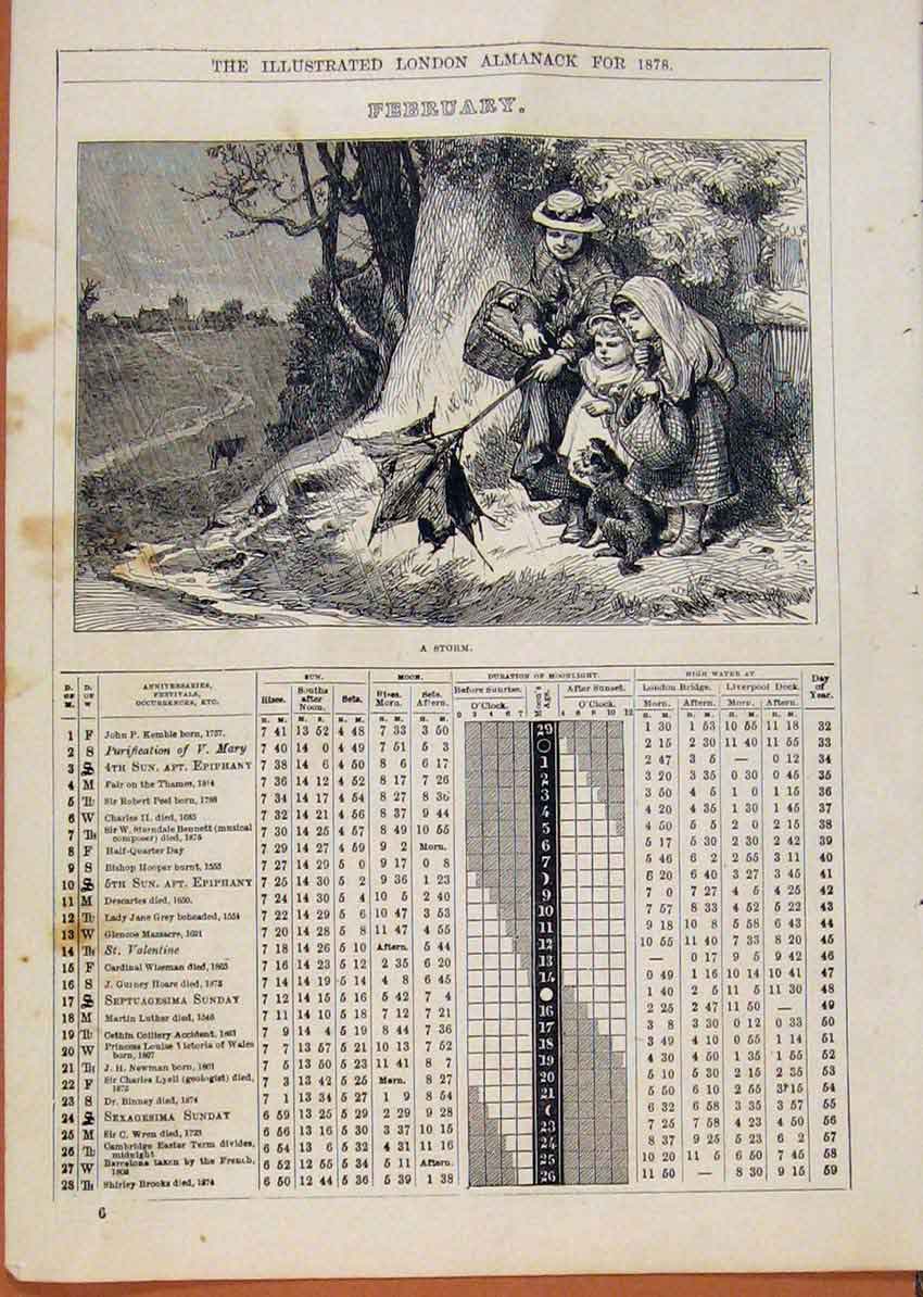 Original Old Antique Print London Almanack February 1878 A StormVictorian