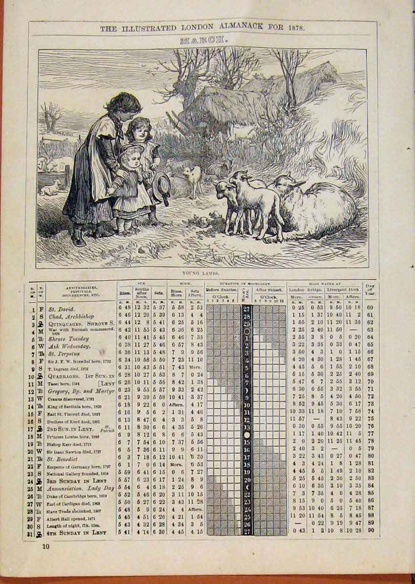 Original Old Antique Print London Almanack March 1878 Young Lambs 19th