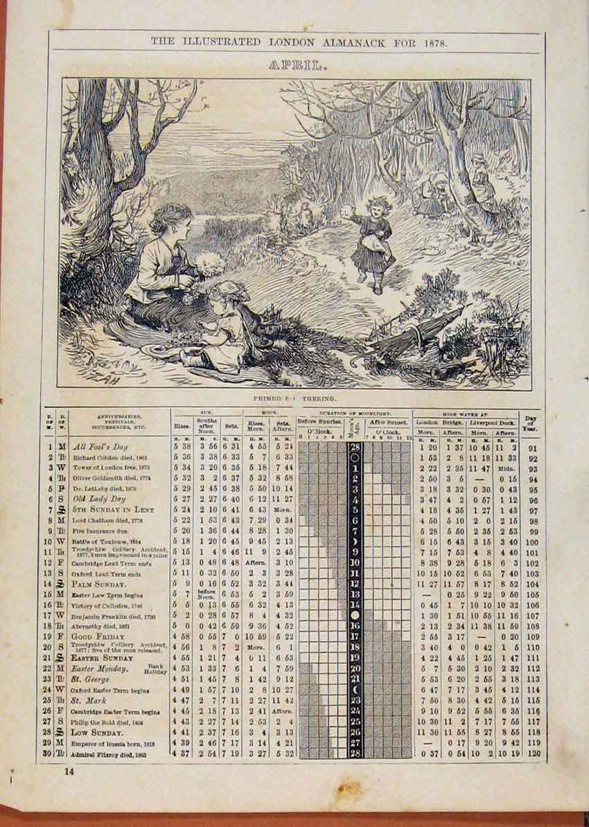 Original Old Antique Print London Almanack 1878 April Primro E Gathering 19th