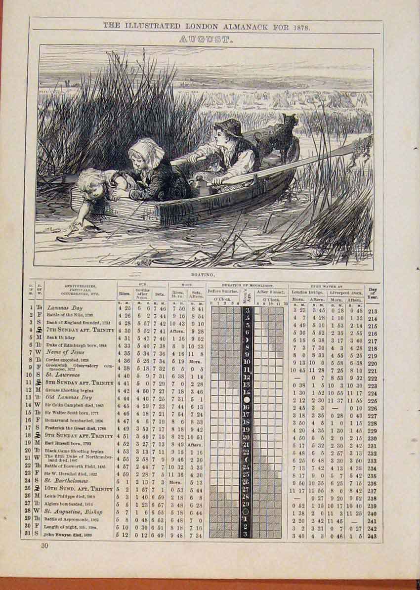 Original Old Antique Print London Almanack August 1878 Boat Fishing Victorian