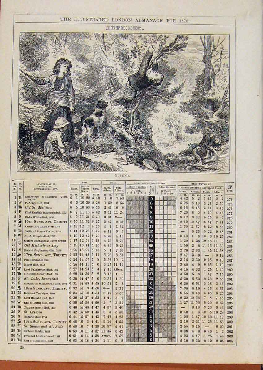 Original Old Antique Print London Almanack Nuttins Tree Climbing 1878 October