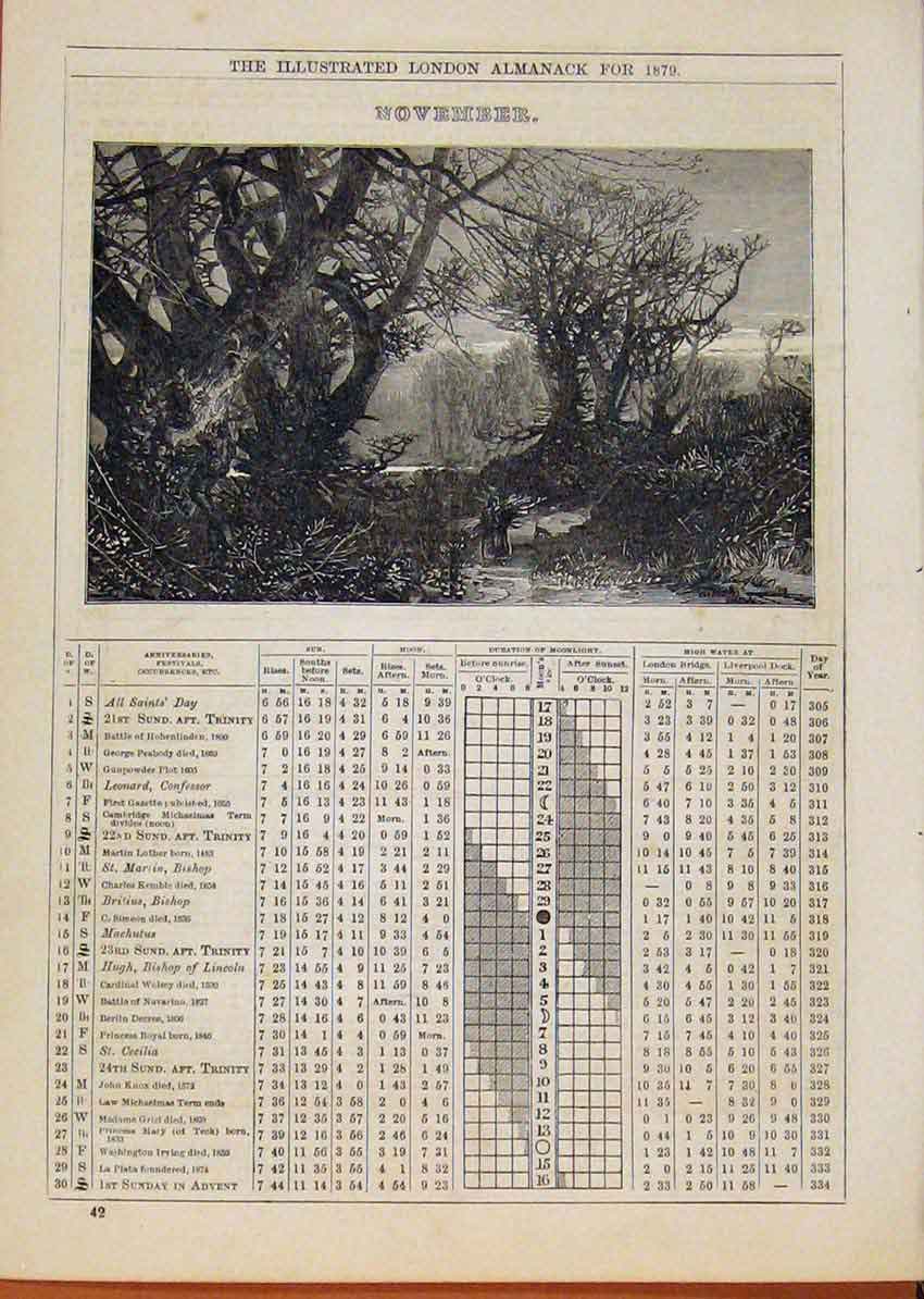 Original Old Antique Print London Almanack November 1879 Steam Through Forest