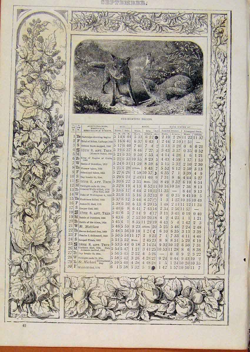 Original Old Antique Print London Almanack September Cub Hunting Begings
