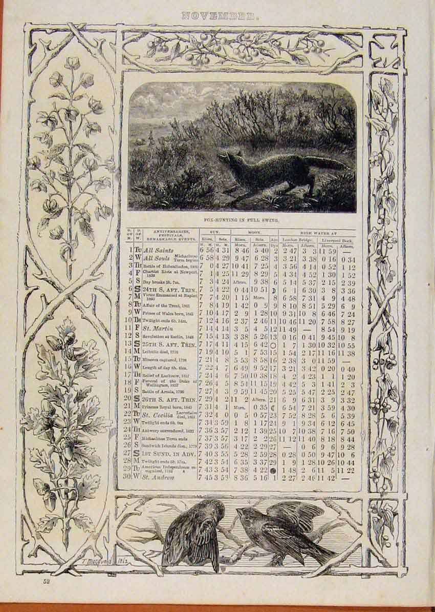 Original Old Antique Print London Almanack November Fox Hunting In Full Swing