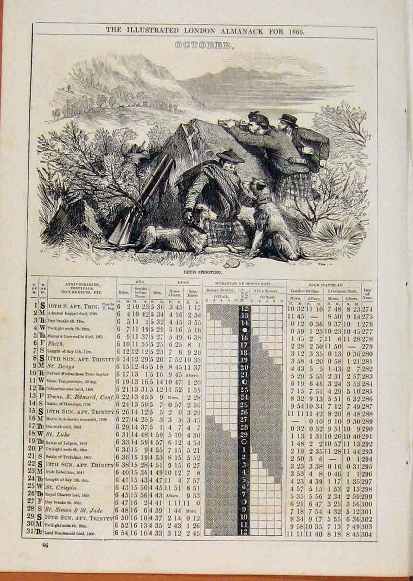 Original Old Antique Print London Almanack October 1865 Deer Shooting Victorian