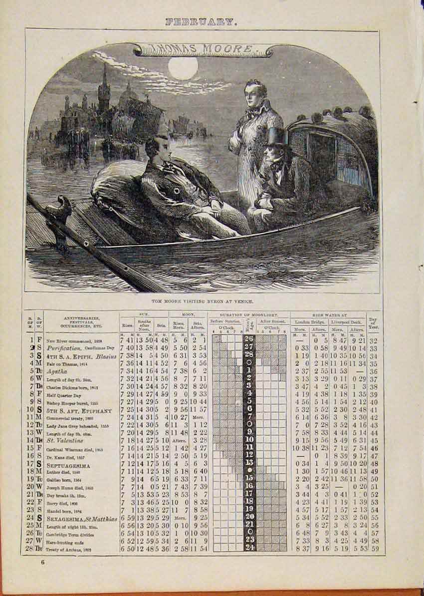 Original Old Antique Print London Almanack Feburary Tom Moore Visiting Venice