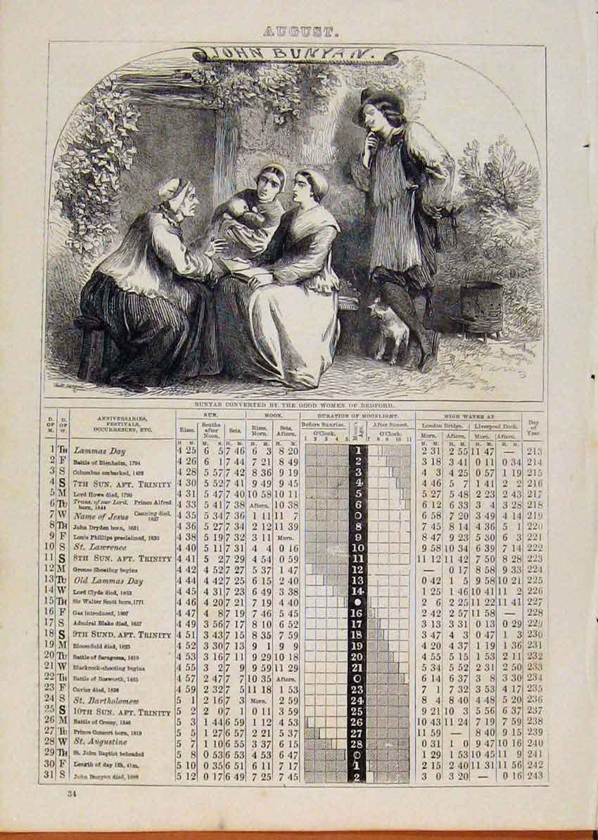 Original Old Antique Print London Almanack August Bunyan Converted Good Women