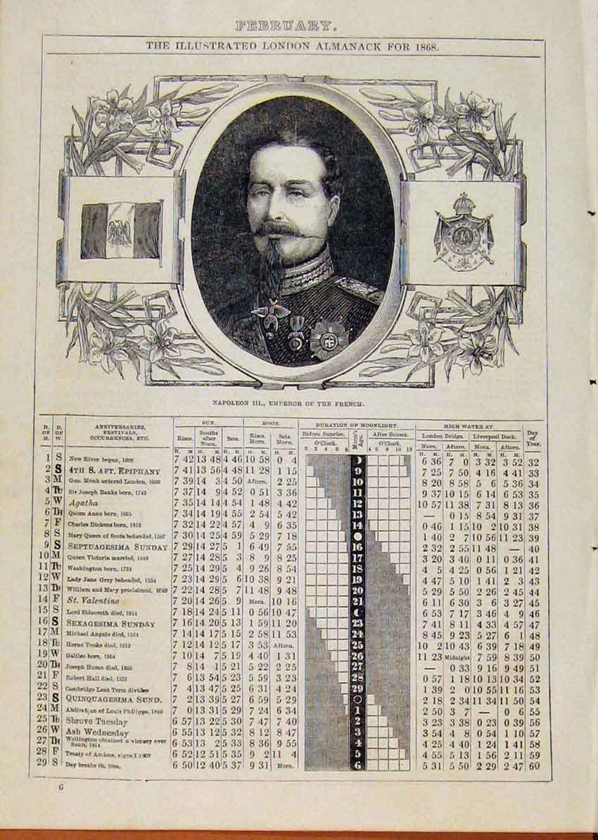 Original Old Antique Print London Almanack Februrary 1868 Napoleon 111 French