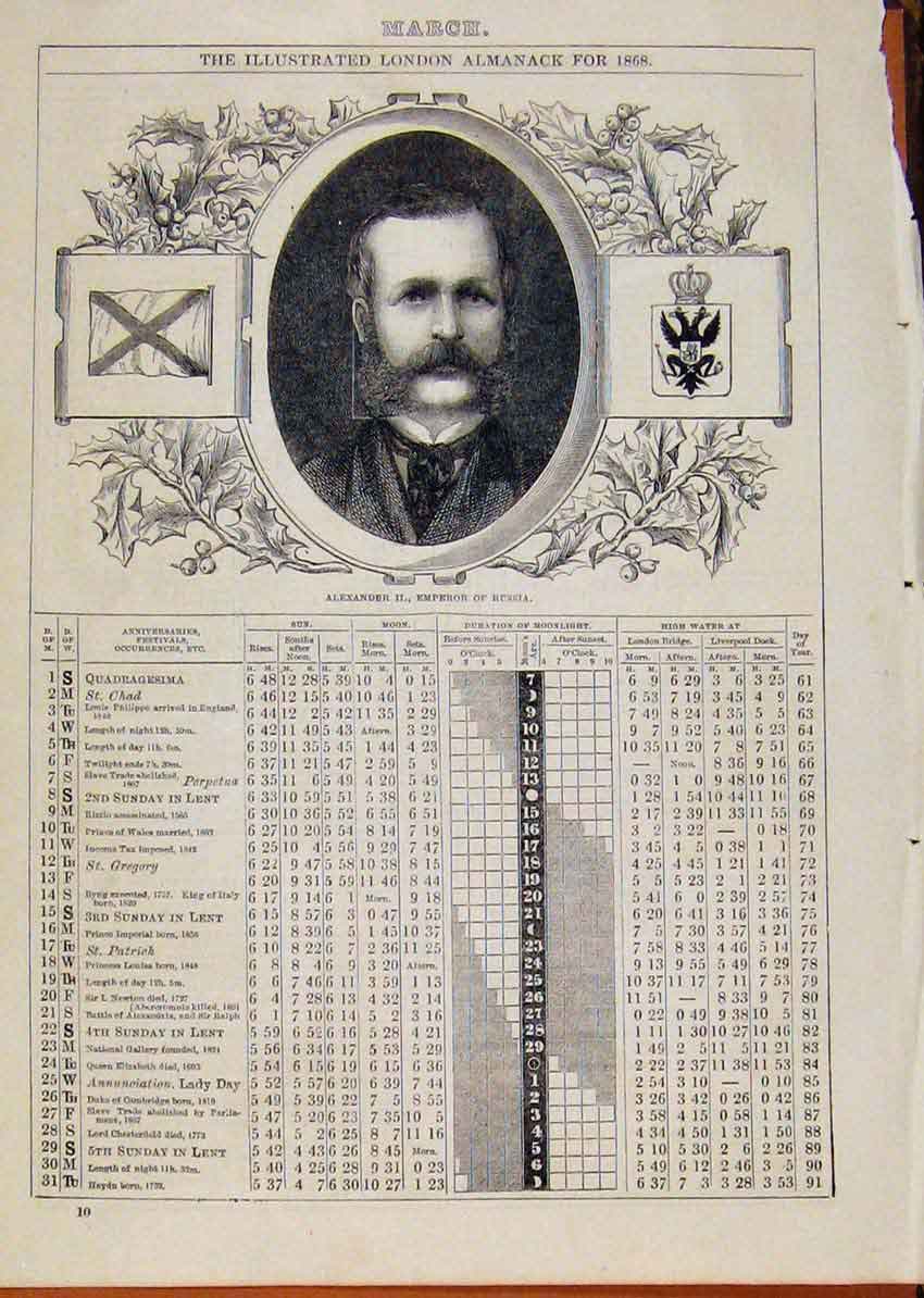 Old Antique Print London Almanack March 1868 Alexander 11 Emperor Russia 19th