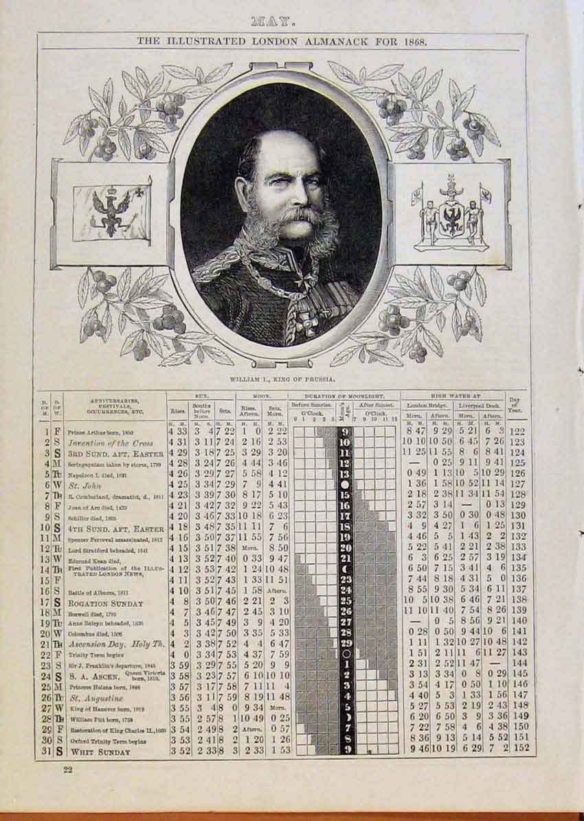 Original Old Antique Print London Almanack William I King Prussia May 1868 19th