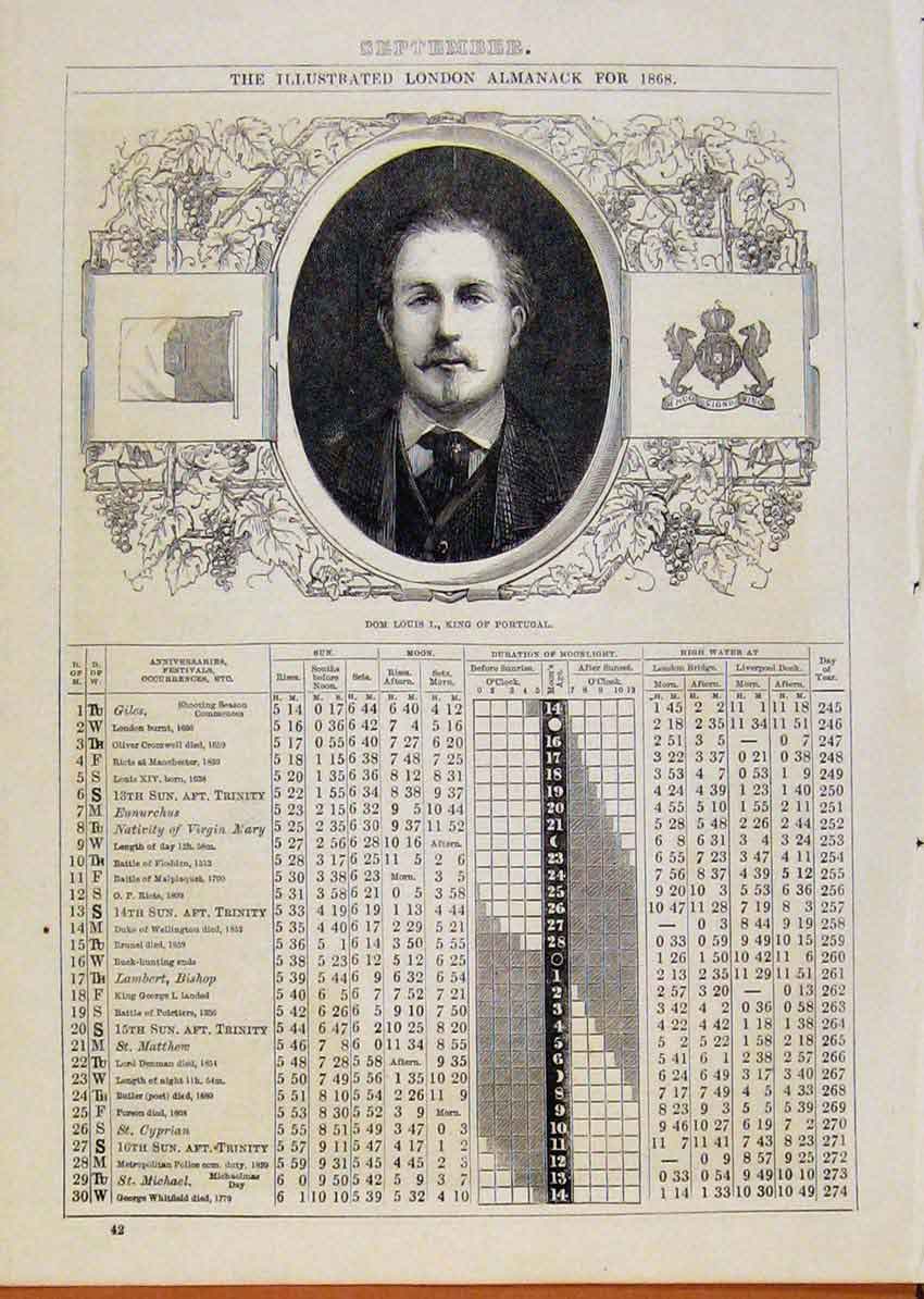 Original Old Antique Print 1868 Dom Louis King Portugal September Events Diary