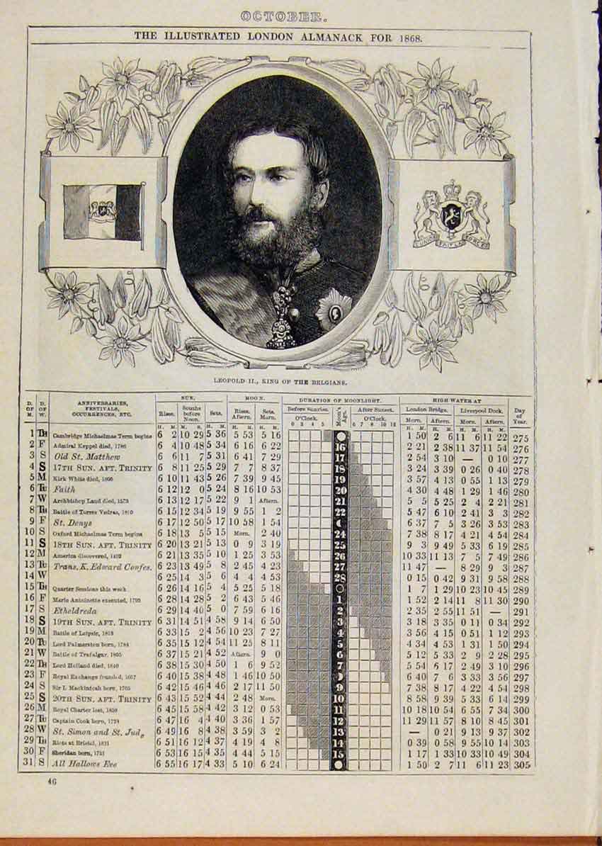 Original Old Antique Print 1868 LeopKing Belgians October Events Diary Victorian
