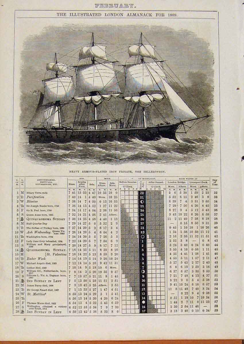 Old Antique Print London Almanack February 1869 Heavy Armour Iorn Frigate 19th
