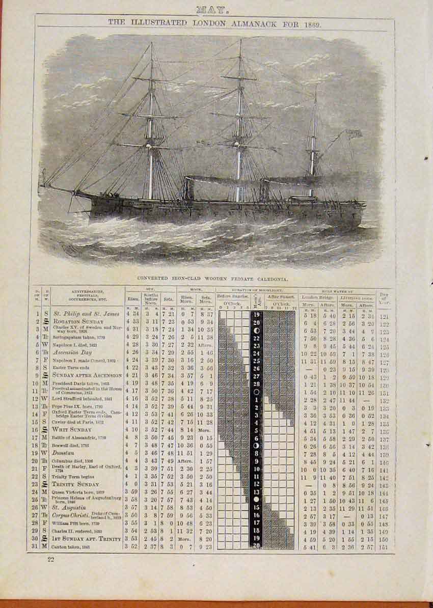 Original Old Antique Print London Almanack May 1869 Iron Clad Wooden Frigate