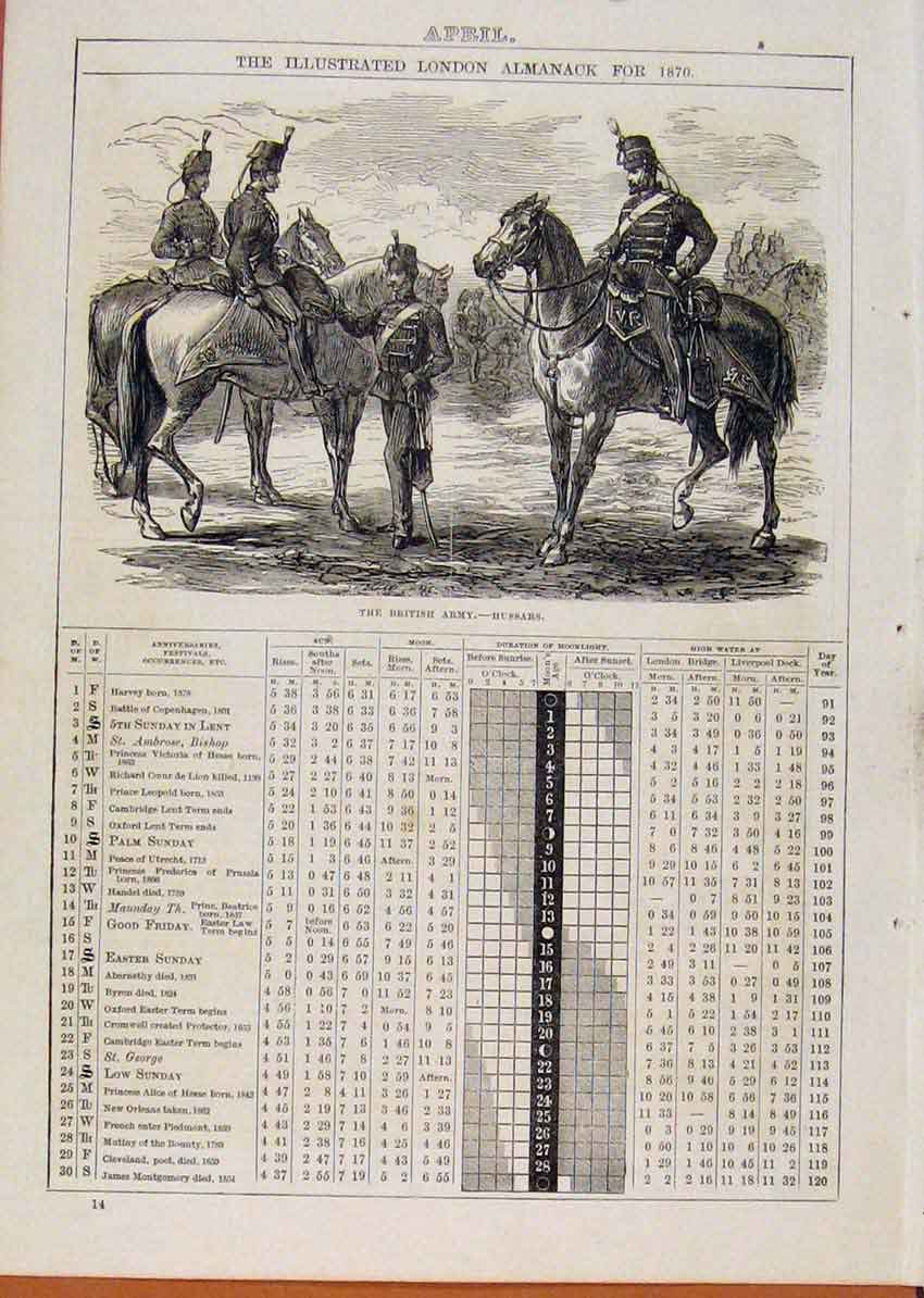 Original Old Antique Print London Almanack 1871 April British Army Hussars 19th