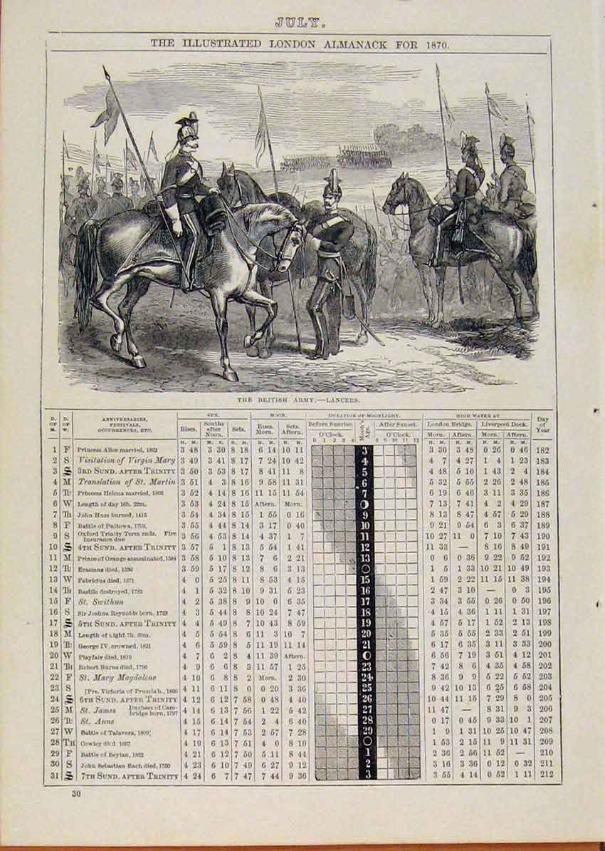 Original Old Antique Print 1870 British Army Lancers Horse July Events Diary